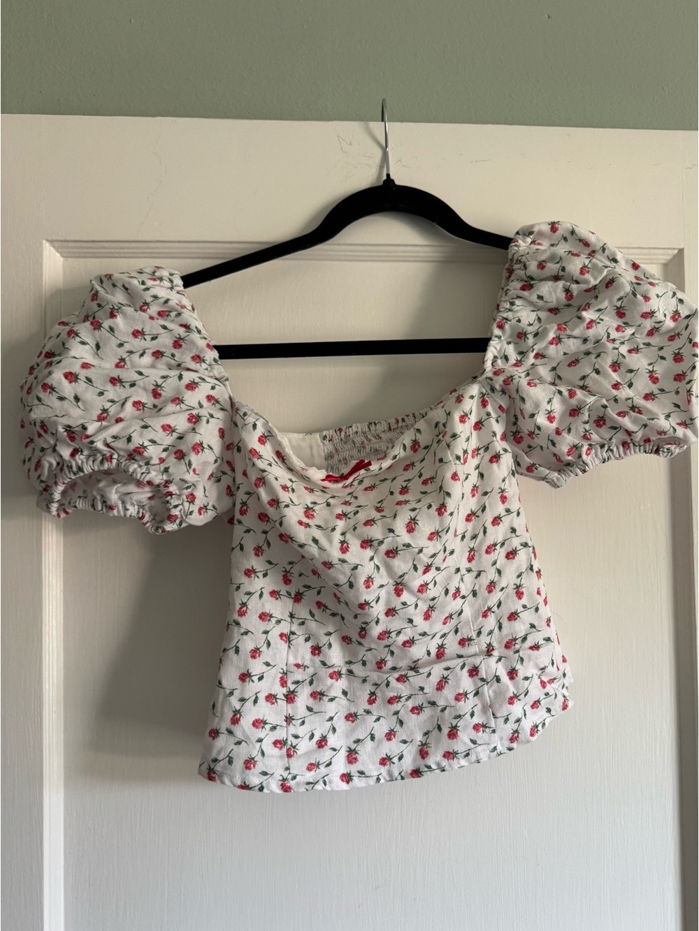 Reformation Linen Corset Style Puff Sleeve Top Pink Flowers 4
